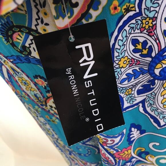 RN Studio Cold Shoulder Paisley Dress Turq Multi 6 - Picture 9 of 16